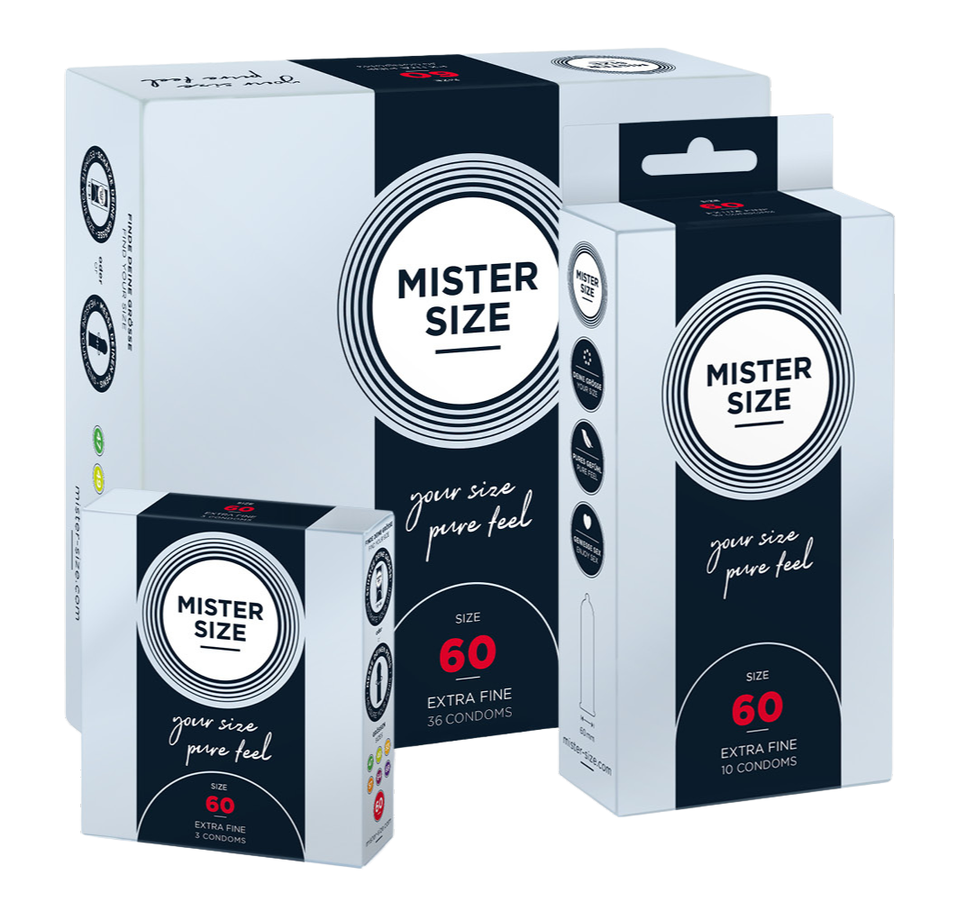 Three different Mister Size condom packs in size 60